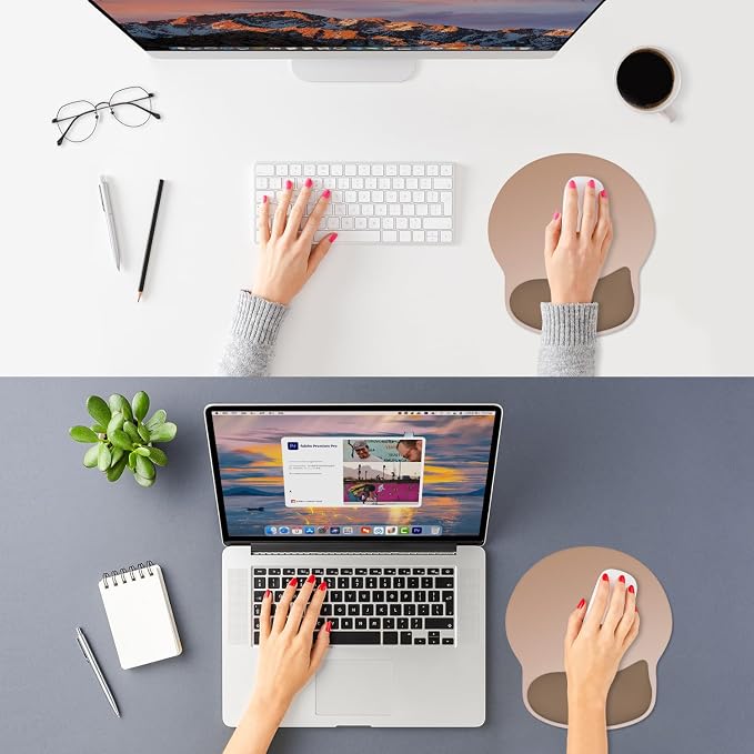 ITNRSIIET Ergonomic Mouse Pad with Wider Memory Foam Wrist Rest +17% - Curved Cushion Reduces Pressure 20%, Pain Relief, Non-Slip, Smooth, Cute Colors, 9.85 x 9 in, Soft Brown Gradient