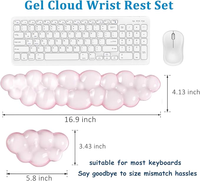 Gel Cloud Wrist Rest Set, Clear Gel Cloud Keyboard Wrist Rest with Non-Slip Base, Ergonomic Wrist Support for Typing Pain Relief, Cute Wrist Pad for Office, Gaming, Computer, Laptop - Pink