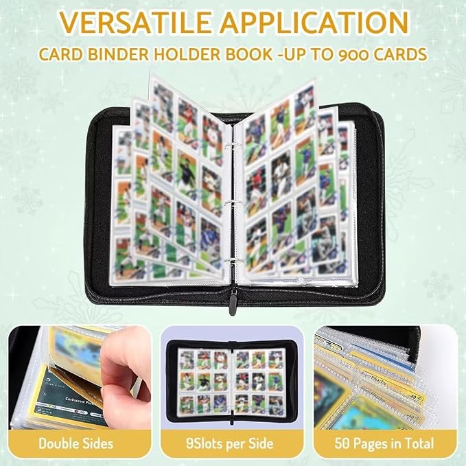Football Card Binder Holder 900 Pockets with 50 Removable Sleeves, Portable Sports Trading Cards Binder Album Collector Organizer Protectors with Zipper,Waterproof