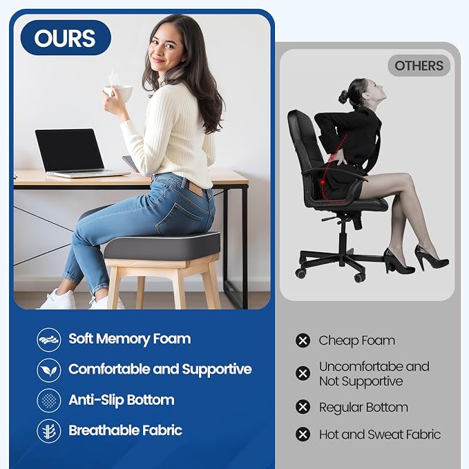 SweetSlubr Seat Cushion for Tailbone Pain Relief, Office Chair Cushion, Memory Foam Large Chair Pad with Non-Slip Cover for Soft Support at Office Chair, Car Seat, Airplane Grey/Large
