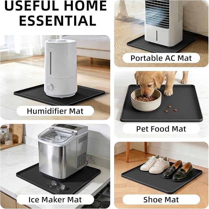 Water Cooler Mat 19.7x19.7 Inch - Soft Silicone Mat with Raised Edges, Waterproof Silicone Tray to Prevent Leak & Floor Damage, Anti-Slip Pad for Mini Fridge, Humidifier, Ice Maker, Black