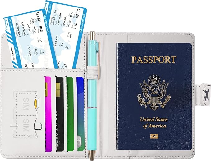 Passport Holder, Cute Travel Wallet Cover with RFID Blocking,Travel | PU leather travel wallet with magnetic closure, card slots, pen loop, and easy access for passports and essentials.