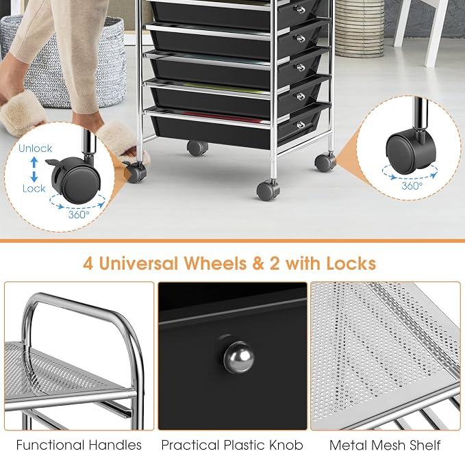 GLACER 10 Drawers Rolling Cart, Storage Cart with w/Removable Drawers & Steel Frame, Utility Mobile Trolley w/Universal Casters & 2 Brakes, Organizer Cart for Home, School, Office (Black)