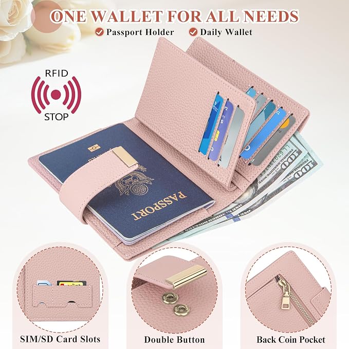 Pink Passport Holder with Airtag RFID Blocking Travel Wallet for Women, Leather Passport Wallet with Airtag Slot Slim Compact Passport Cover with Zipper Coin Pocket, Holder Card, SIM, Cash