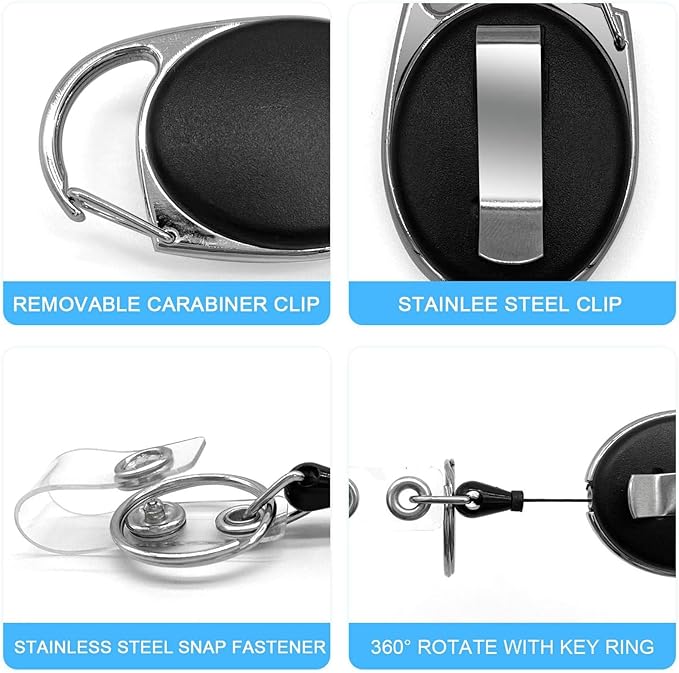 Teskyer Badge Reel, 2 Pack Retractable Badge Holders with Carabiner Belt Clip and Key Ring for ID Card Holder and Keychain