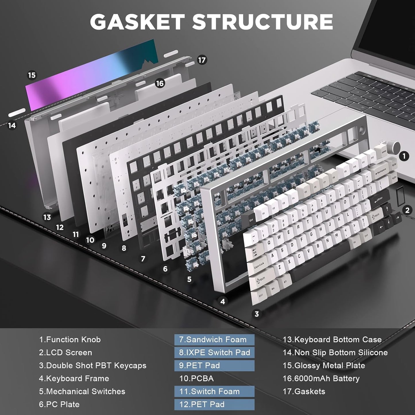 YUNZII AL80 Wireless Mechanical Keyboard,Full Aluminum CNC, Smart LCD Display,Hot Swappable Gasket Mount 75% Layout with Knob,BT/2.4G/USB-C,QMK/VIA Support for Win/Mac (Silver, Gateron Zero Switch)