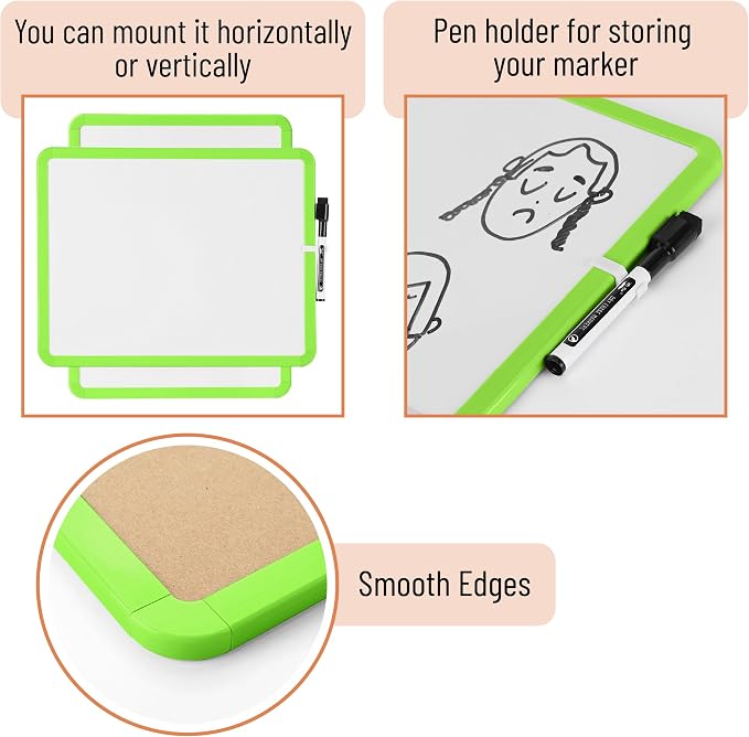 Mr. Pen- Dry Erase Board, 14” x 11” with a Black Dry Erase Marker | Lawn Green Frame, Small Mini White Board for Students, Fridge, Wall, Locker, Includes Double Sided Tapes