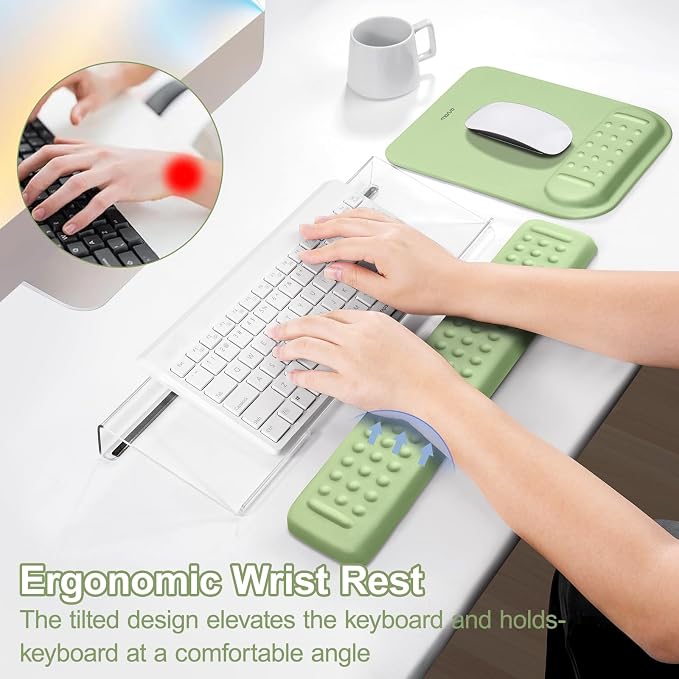 MOSISO Keyboard Stand&Wrist Rest Support for Keyboard &Mouse Pad Set | Ergonomic Massage Wrist Rest Set, Easy Typing Working Acrylic Clear Stand for Office Home, Sage Green
