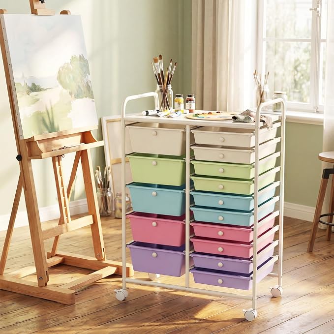 15 Drawer Rolling Storage Cart, Rolling Cart with Drawers for Classroom, Art Supply Craft Organizer on Wheel with Metal Frame & Handles for Home Office School (Ice cream color, 15 Drawer)