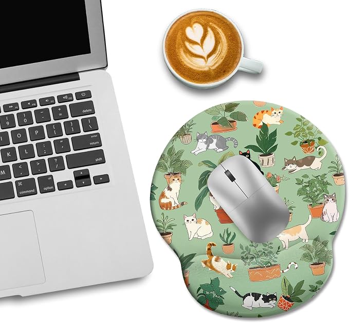 LIMKRIAN Cat Ergonomic Mouse Pad with Wrist Rest, Green Computer Mouse Pad | Non-Slip PU Base, Smooth Surface, Cooling Gel Eases Wrist Pain, Comfort Wrist Support, Cute Office Desk Accessories Decor
