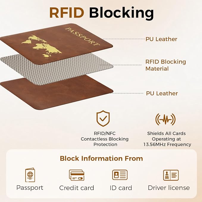 Passport Holder Travel Women Men, Passport Wallet with Airtag Slot, Brown | RFID Blocking PU Leather Passport Holder Cover Case with Card Holder, Pen Slot