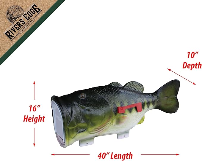 Rivers Edge Products Largemouth Bass Fish Mailbox, Mailbox for Outside, Post Mount, Metal, Plastic Outer Layer, Hand-Painted Markings, 40 X 16 X 10 Inches, 15 Pounds, 1 Count