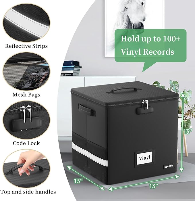DocSafe Vinyl Record Storage Box with Lock,Fireproof＆Water Resistant Record Organizer Storage for 100+ Single Records(12-inch),Collapsible Storage Crate with Lid&Handles for Valuable Album Collection