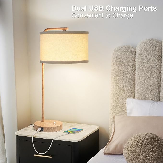 Farmhouse Table Lamp, Fully Dimmable Tall Bedisde Lamp with USB C+A Ports | 25" Modern Nightstand Lamp with Wood Grain Metal Base, Desk Reading Lamp for Living Room Bedroom Office, LED Bulb Included