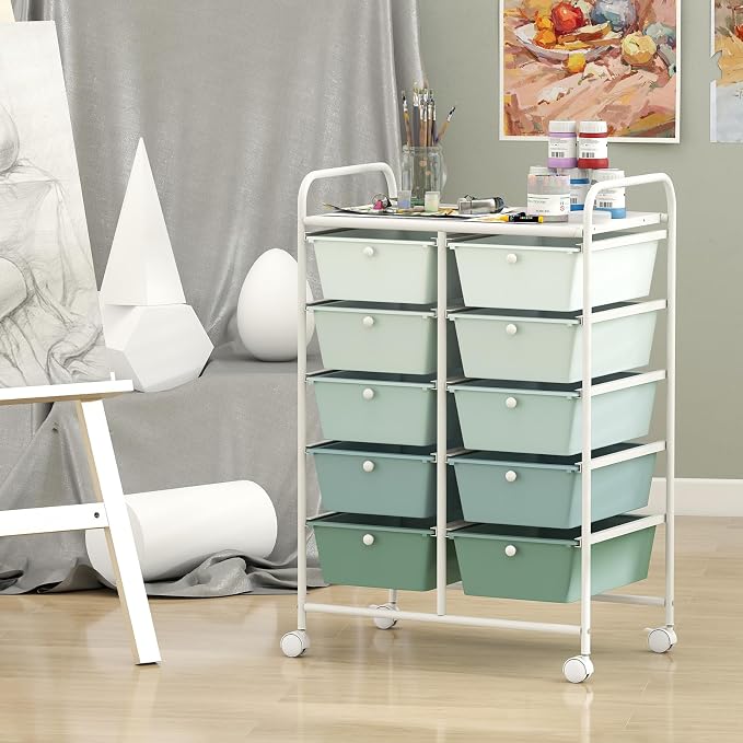 GLACER 10 Drawer Rolling Cart, Storage Cart with Lockable Whieels & Metal Frame, Trolley for Art Craft Oganizer, Mobile Utility Cart for Office, School, Classroom, Kitchen (Green Gradient)