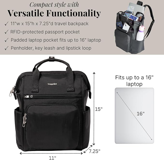 Baggallini Securtex Anti-Theft Windsor Backpack for Travel, Work & College, RFID & Locking Zipper, Up to 16" Laptop