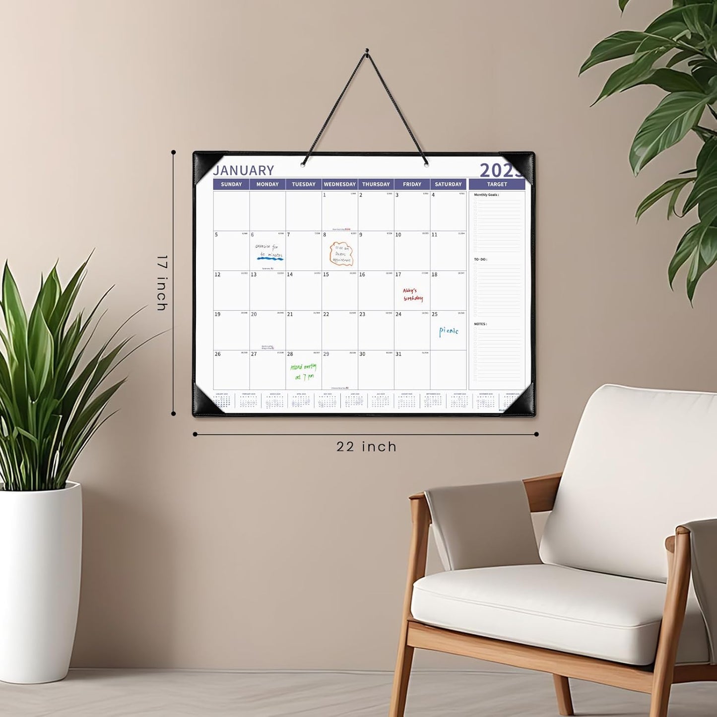 Ospelelf Large Desk Calendar 2025-2026 with Plastic Cover, 18 Months Planner Pad from January 2025 to June 2026, 22" x 17" PU Leather Wall Calendar for Home or Office, Black