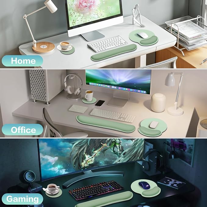 Mouse Pad with Wrist Rest Set, 3-in-1 Wrist Support Mousepad | Gaming Mat Pad with Anti-Skid Base,Ergonomic Mouse Pad Green,Memory Foam Gel Wrist Rest for Computer Keyboard