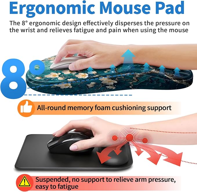 YIWEI Ergonomic Mouse Pad with Wrist Rest for Carpal Tunnel Pain Relief | Memory Foam Wrist Support,Non-Slip Rubber Base, Keyboard Computer Mousepad,Lycra Cloth Surface,Gaming Home Office