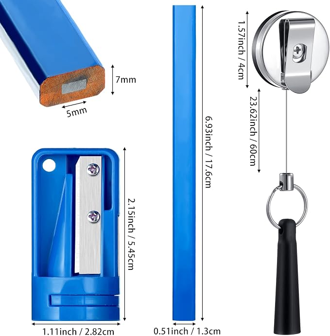 Honoson 24 Pcs Carpenter Pencil with Sharpener,Blue Cover, Black Refill | Construction Pencils for Jobsite, Octagonal Flat Design Prevents Rolling, Black Refill Clear Marking, Retractable Pen Holder