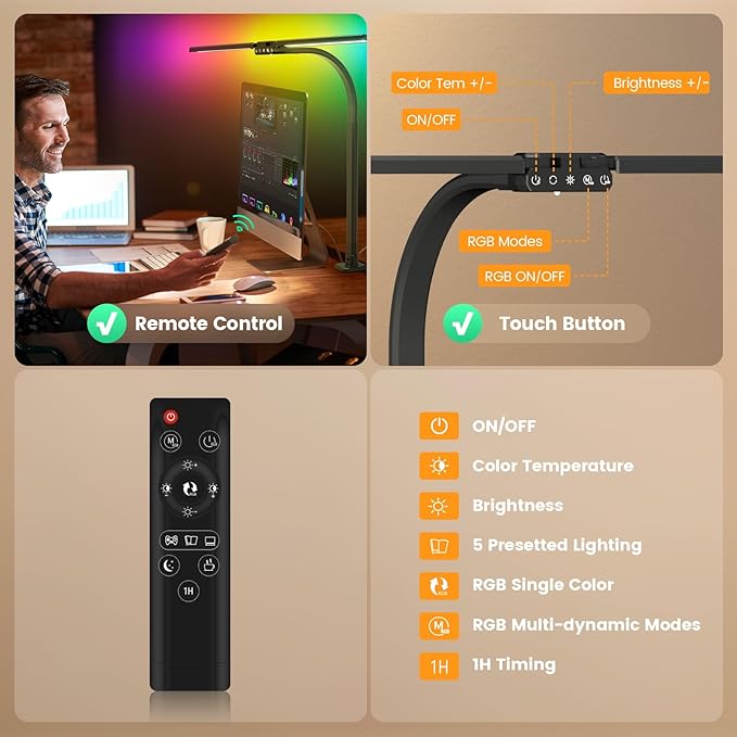 Upgraded LED Desk Lamp for Home Office with RGB, Rotatable Computer Desk Light with Remote, Tall Table Lamp with Clamp for Working, Dimmable Dual Head Task Lighting for Monitor PC, 22W