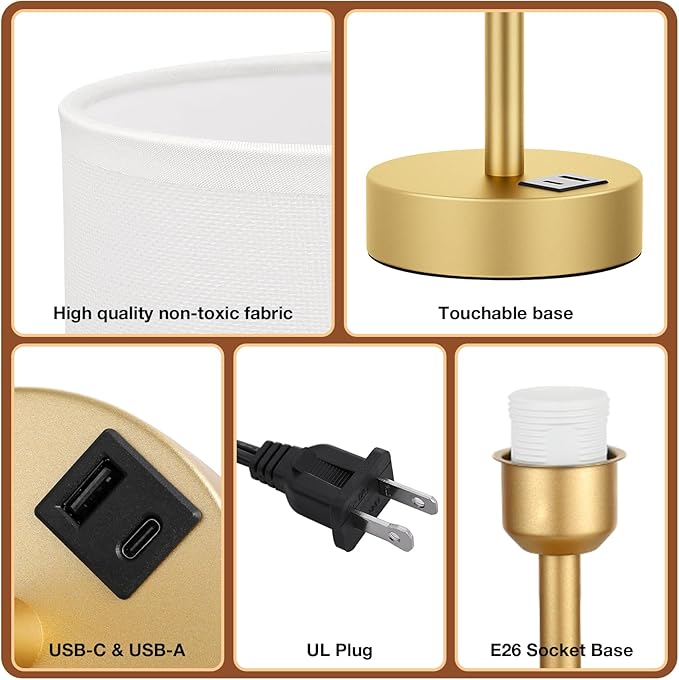 Dicoool Bedside Table Lamp for Bedroom - 3-Way Dimmable Touch Lamp, USB A+C | LED Bulb Included, 14" Small Nightstand Lamp for Desk, Living Room, Guest Room, White Fabric Lampshade, Gold Metal Base