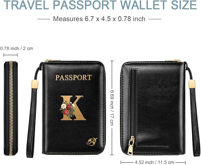 Passport Holder for Travel Personalized Wallet with Wristlet Women | Passport Cover, RFID Blocking, Passport Book Holders, Back Coin Pocket, Zipper Closure, Roses Initial Letter, Black K