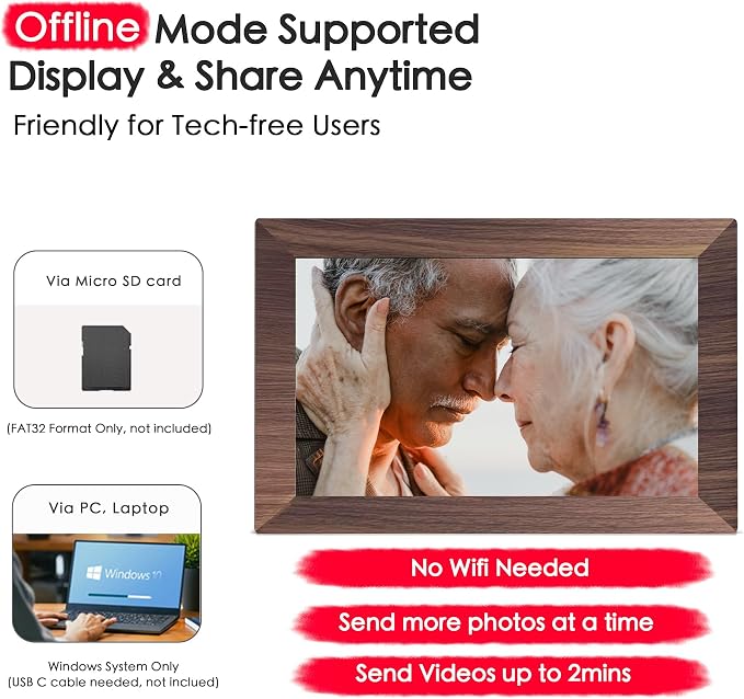 Frameo 10.1" Digital Picture Frame WiFi Wood, 1280 * 800 IPS HD Touchscreen, 32GB Storage, Instant Share Pictures Video, Smart Photo Frame Electronic, Gifts for Mom, Grandma, Woodgrain