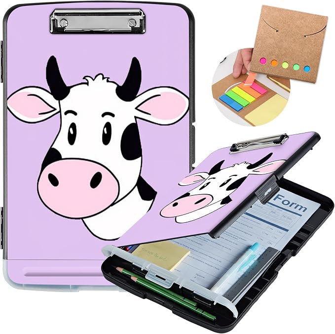 Clipboard with Storage,Storage Clipboard with Pen Holder,Heavy Duty Plastic Storage Clipboard with Low Profile Clip,Teacher Must Haves,Clipboard Folder,Office Supplies,Cute Cow -1364