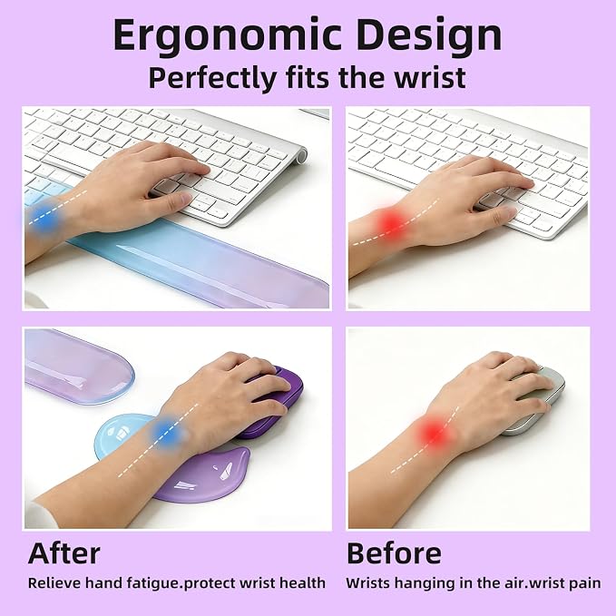 Gel Wrist Rest Set for Computer Keyboard and Mouse, 2-Pack (Purple) | Ergonomic Silicone Wrist Support for Typing Fatigue Relief, Non-Slip Cooling Computer Wrist Rest Pad for Office, Gaming