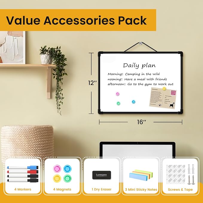 Black Frame Small Dry Erase Board for Wall, 16" x 12" Double-Sided Hanging Whiteboard with 4 Markers, 4 Magnets and 3 Mini Sticky Notes, Portable Whiteboard for Kids, School, Home, Office