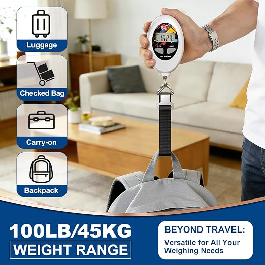 SNAIL TRAIL 100 lbs (45 kg) Digital Luggage Scale, White | Portable Suitcase Weigher, Travel Bag Weight Scale, Handheld Baggage Weigh Machine, Gift for Travelers