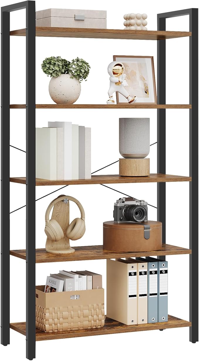 VASAGLE 5-Tier Bookshelf, Bookcase with Steel Frame, Book Shelf for Living Room, Home Office, Study, 11.8 x 26 x 60.2 Inches, Industrial Style, Rustic Brown and Ink Black ULLS061B01