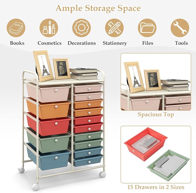 GLACER 15 Drawers Rolling Storage Cart, Steel Frame Craft Organizer Cart | Utility Cart w/Lockable Wheels & Sleek Handle, Mobile Art & Tool Supply Trolley for Teacher, Home, School, Office (Colorful)