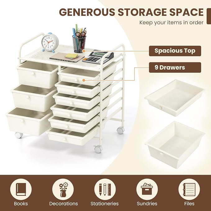 9 Drawer Rolling Storage Cart, Rolling Cart with Drawers for Classroom, Art Supply Craft Organizer on Wheel with Metal Frame & Handles for Home Office School