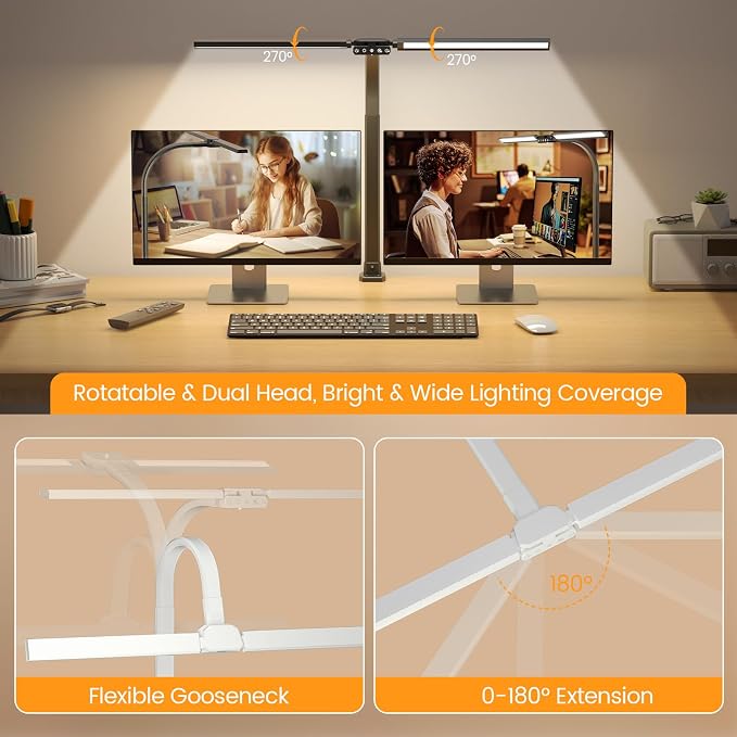 Upgraded LED Desk Lamp for Home Office with RGB, Rotatable Computer Desk Light with Remote, Tall Table Lamp with Clamp for Working, Dimmable Dual Head Task Lighting for Monitor PC, 22W