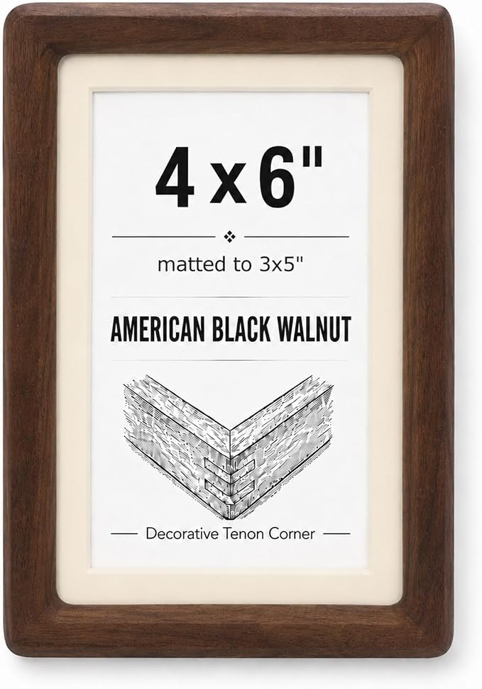 Solid American Black Walnut Picture Frame, 4x6 matted to 3x5 Photo | Natural Wood, Tabletop, Decorative Joinery Corners, Horizontal or Vertical Display