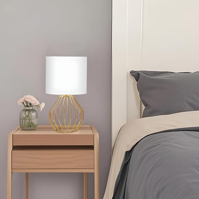 Small Gold Table Lamps, Set of 2 Bedside Nightstand Lamps with White Fabric Shade, Metal Base, Hollow Geometric Desk Lamps for Bedroom, Living Room, Office