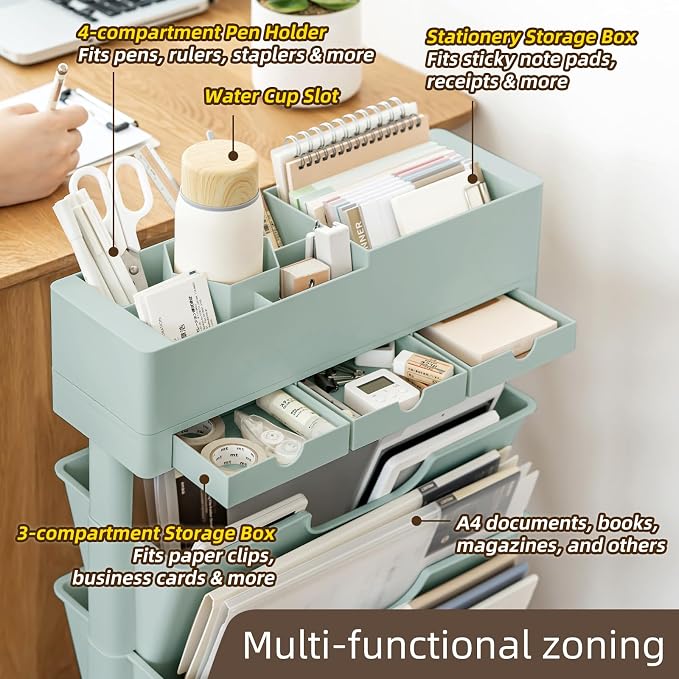 5 Tier Rolling Book Cart Multi-Functional Movable Storage Bookshelves | rolling bookshelf,Movable Storage Bookshelves with Lockable Wheels for Study Office Library Classroom,