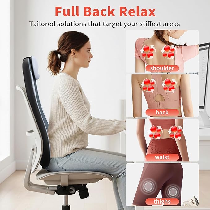 Shiatu Back Massager with Heat & Cooling, Kneading Rolling Vibration Chair Massager for Deep Tissue Pain Relief, Massage Chair Pad for Home & Office