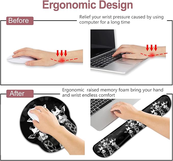 Computer Mouse Desk Pad, Mouse Pad Wrist Protector Printed with Cool Giraffes, Ergonomically Non-Slip Rubber Comfortable Computer Keyboard Wrist Rest Desktop Decoration Office Accessories