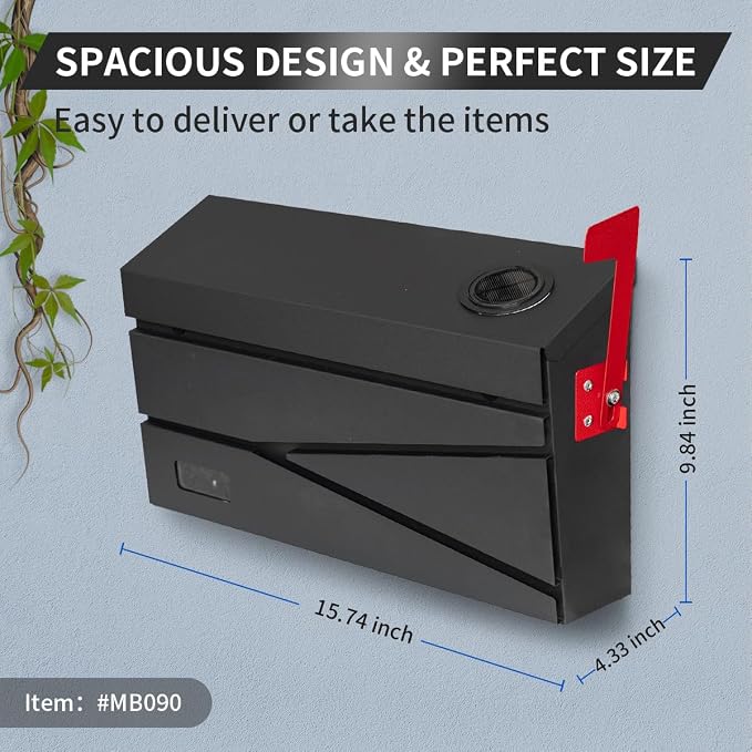 Ydocabinit Wall Mount Mailbox, Large Capacity Mailbox for House, with Flag, Visibility Galvanized Steel Rust-Proof Metal Post Drop Box, Mailboxes for Outside, 15.74"×9.84"×4.33" Solar Lanterns Black