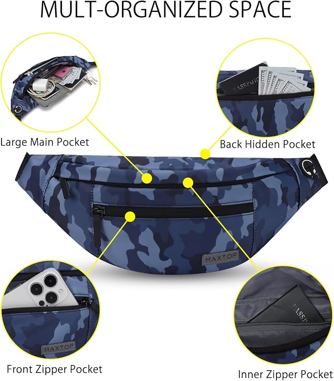 MAXTOP Large Fanny Pack Cross Body Bag Camo Belt Bag with Headphone Jack | Lightweight,4-Zipper Pockets, Adjustable Straps,Idea for Sports Workout Traveling Running Casual