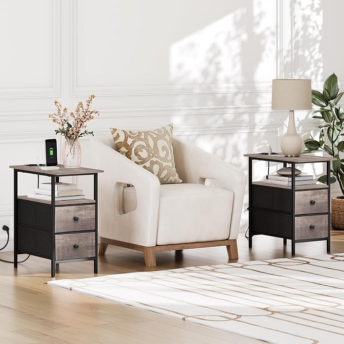 HOOBRO End Table with Charging Station, Narrow Side Table, Nightstand with 2 Non-Woven Drawers, Slim Sofa Side Table, for Small Spaces, Living Room, Bedroom, Greige and Black BG486UBZ01