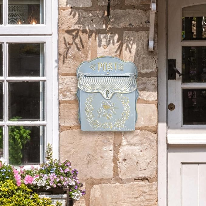 Wall Mount Mailboxes for Outside Vintage Mail Boxes for House Outside Metal Door Mailbox Drop Box Antique Style Nostalgic Charm Home Decorative, Blue