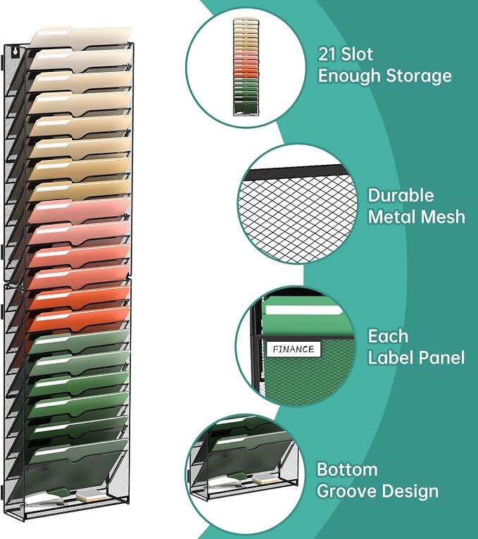 21 Tier Wall File Organizer, Hanging Wall Mounted Mail Organizer with Label Slots, Metal Mesh File Holder Magazine Rack for Office, Home, School or Classroom, Black