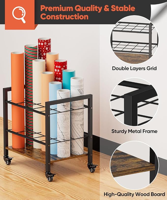 Blueprint Storage Rack Cart, 15 Slots Metal Rolling File Holder with Wheels & Adjustable Pads, Mobile Gift Wrapping Paper Organizer for Maps/Posters/Architectural Construction Plans, Black