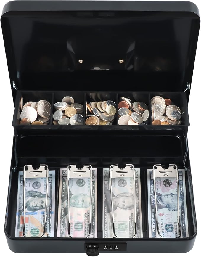 xydled Cash Box with Money Tray and Combination Lock,Tiered, Cantilever Design,4 Bill / 5 Coin Slots,11.8" x 9.5" x 3.5",Black