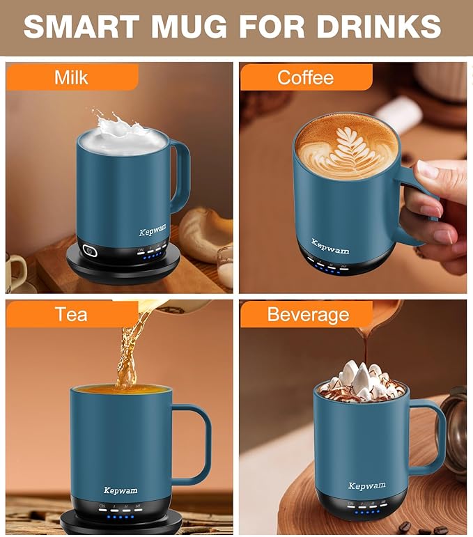 Kepwam Heated Coffee Mug T1-14oz Fast Heating & Longer Battery Life Self Heating Coffee Mug Hot to 149℉ - Touch & App Controlled Mug Coffee and Hot Beverage Warmer, Gifts for Women and Men