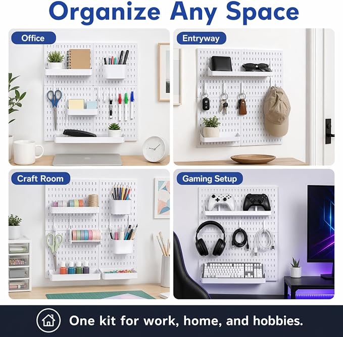 White Pegboard Wall Organizer Kit, Craft Room, 4 Panels Hooks & Shelves | Peg board accessories for sewing, desk and home office, ABS storage with bins, holds small parts, easy to clean, maker gift